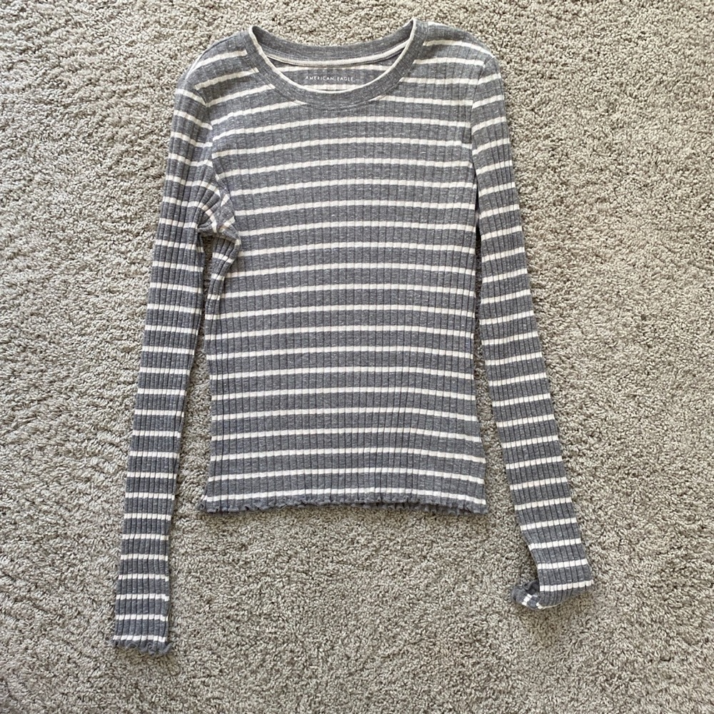 Grey and white striped American Eagle ribbed tee